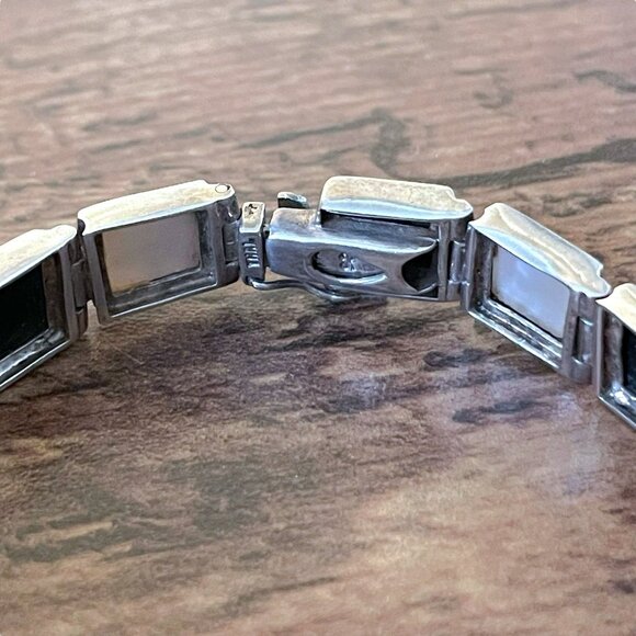 Vintage Sterling Silver Black Onyx Mother of Pearl Link Panel Bracelet 925 7" - Picture 5 of 10